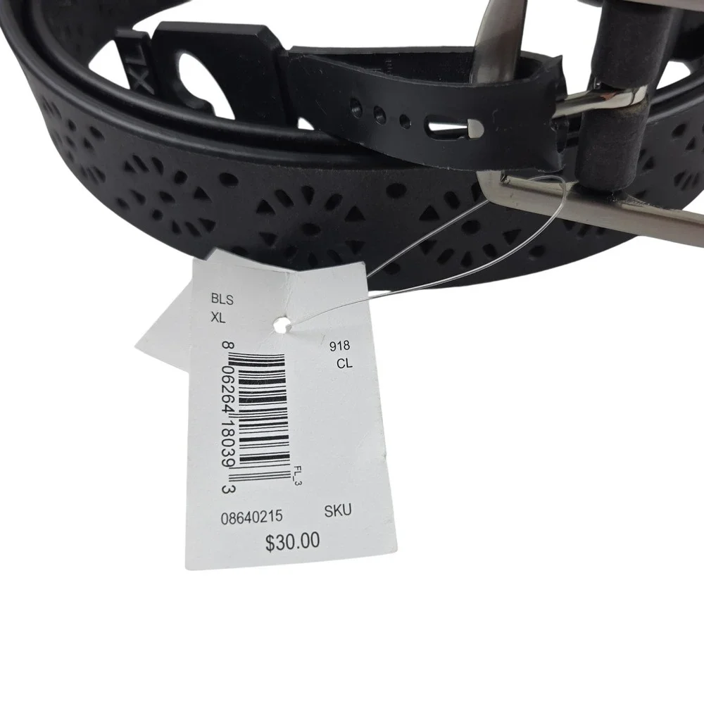 NWT Black Perforated Leather Belt Floral Festival XL Boho Silver Tone Buckle